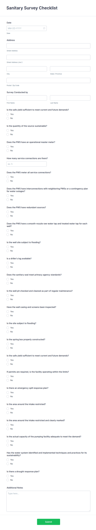 Sanitary Survey Checklist Form Template