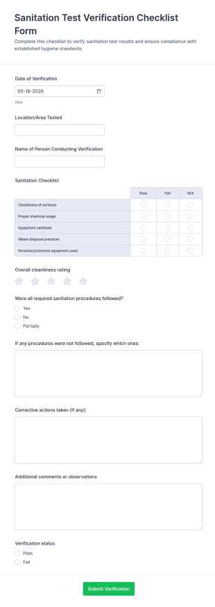 Sanitation Test Verification Checklist Form Template