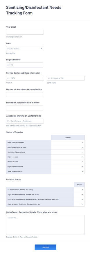 Sanitizing Disinfectant Products Needs Tracking Form Template