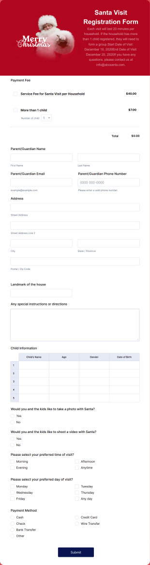 Santa Visit Registration Form Template