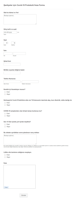 Şantiye Covid 19 Protokol Form Şablonu