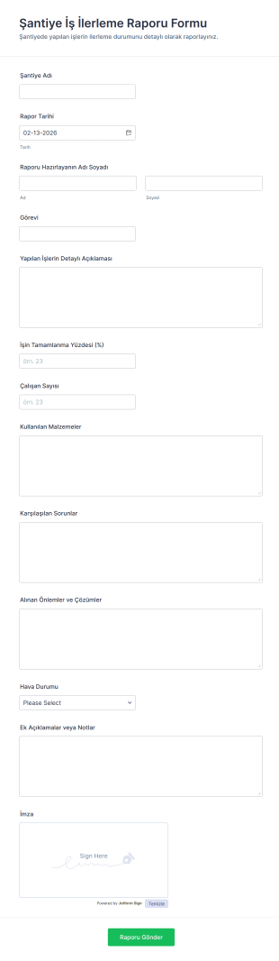 Şantiye İş İlerleme Raporu Form Şablonu