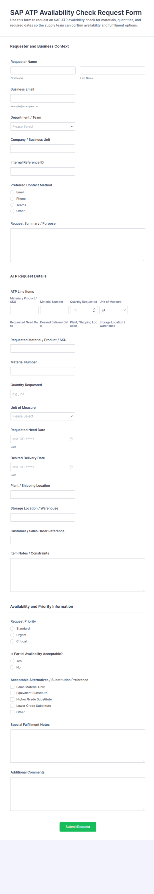 SAP ATP Availability Check Request Form Template