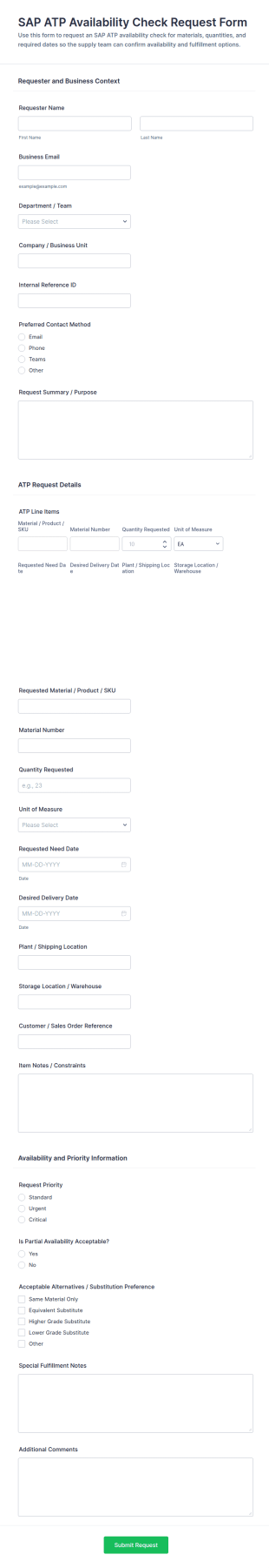SAP ATP Availability Check Request Form Template