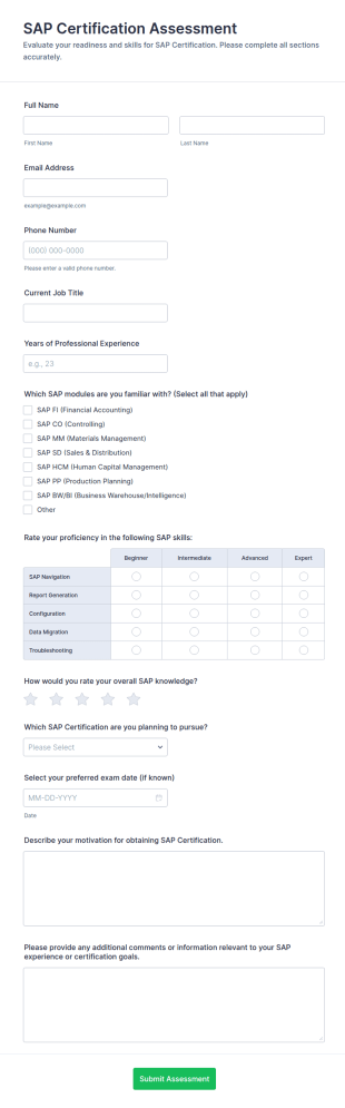 SAP Certification Assessment Form Template