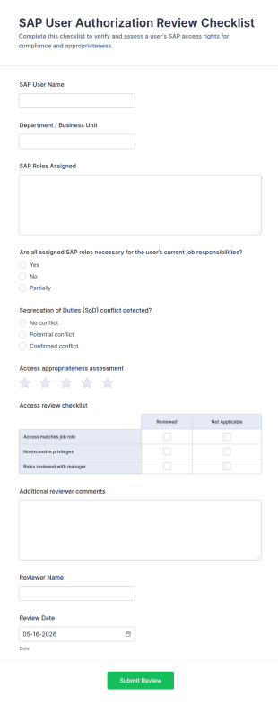 SAP User Authorization Review Checklist Form Template