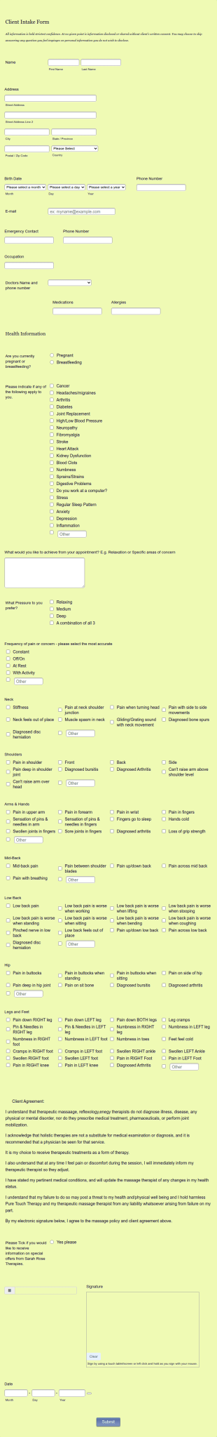 Sarah Rose Therapies Client Intake Form Template