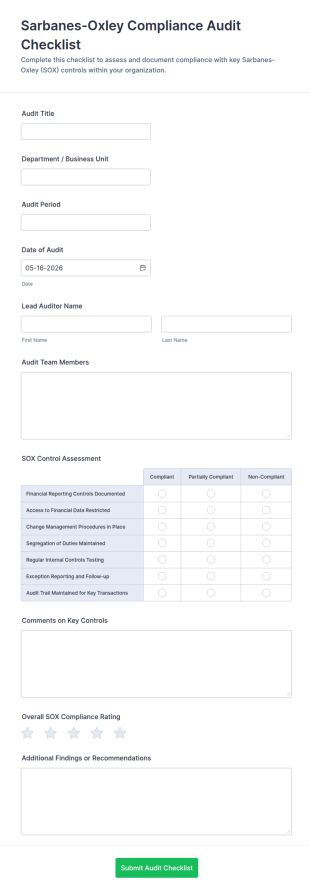 Sarbanes Oxley Compliance Audit Checklist Form Template