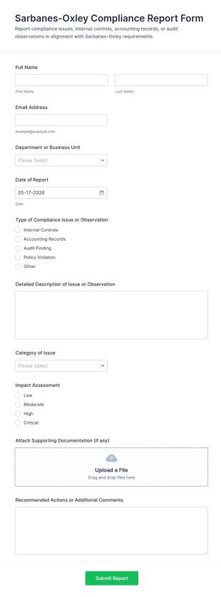 Sarbanes Oxley Compliance Report Form Template