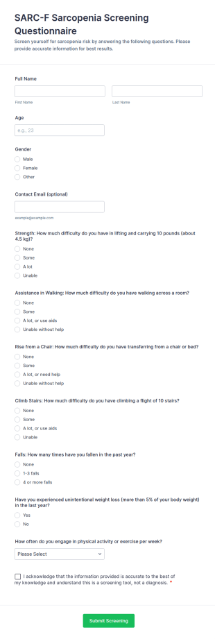 SARC F Sarcopenia Screening Questionnaire Form Template