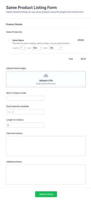 Saree Product Listing Form Template