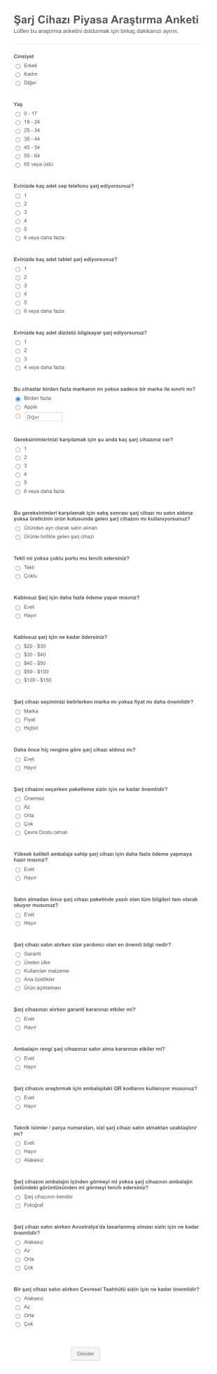 Şarj Cihazı Piyasa Araştırma Anketi Form Şablonu