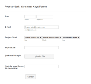 Şarkı Yarışması Kayıt Form Şablonu