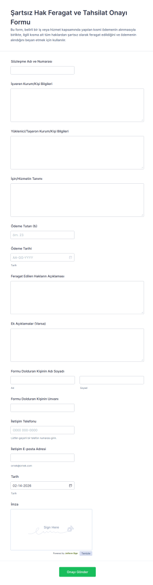 Şartsız Hak Feragat Ve Tahsilat Onayı Form Şablonu