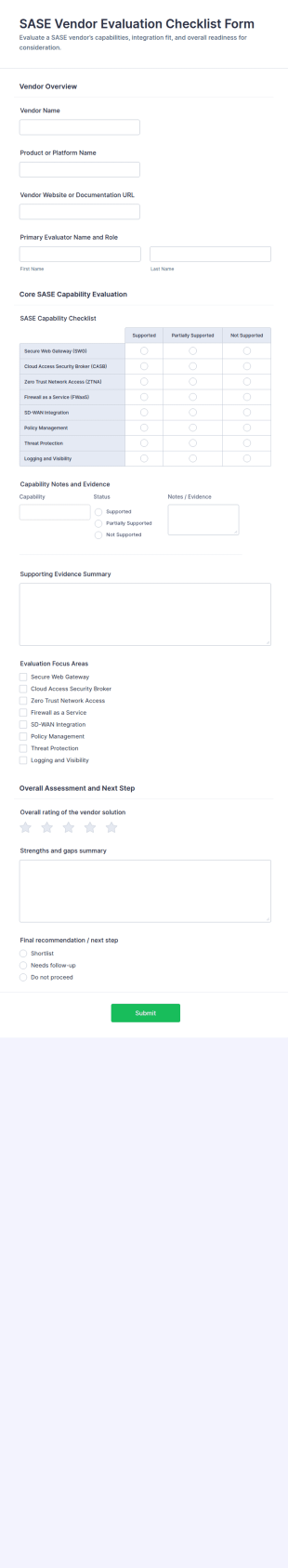 SASE Vendor Evaluation Checklist Form Template
