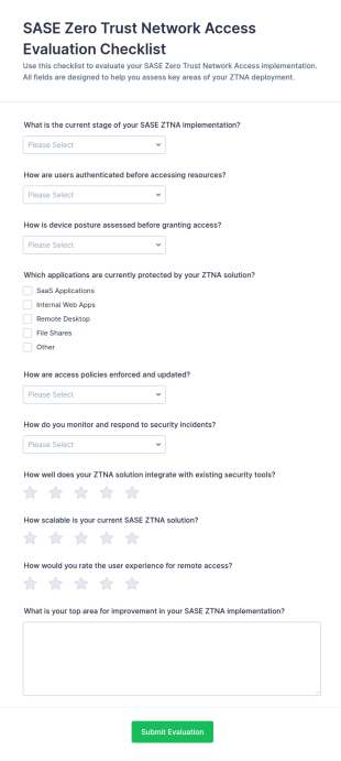 SASE Zero Trust Network Access Evaluation Checklist Form Template