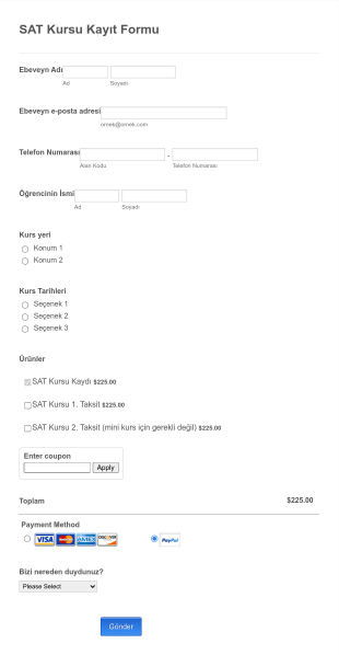SAT Kursu Kayıt Form Şablonu