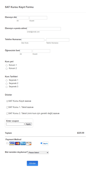 SAT Kursu Kayıt Form Şablonu