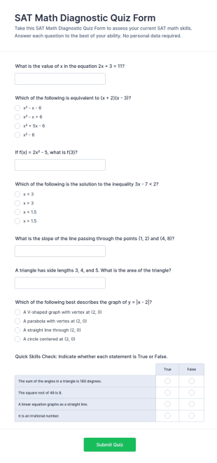 SAT Math Diagnostic Quiz Form Template