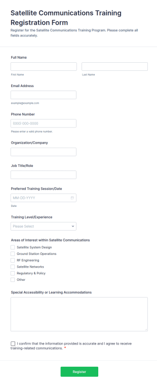 Satellite Communications Training Registration Form Template