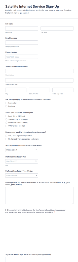 Satellite Internet Service Sign Up Form Template