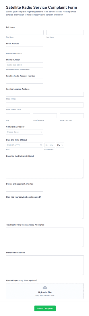Satellite Radio Service Complaint Form Template