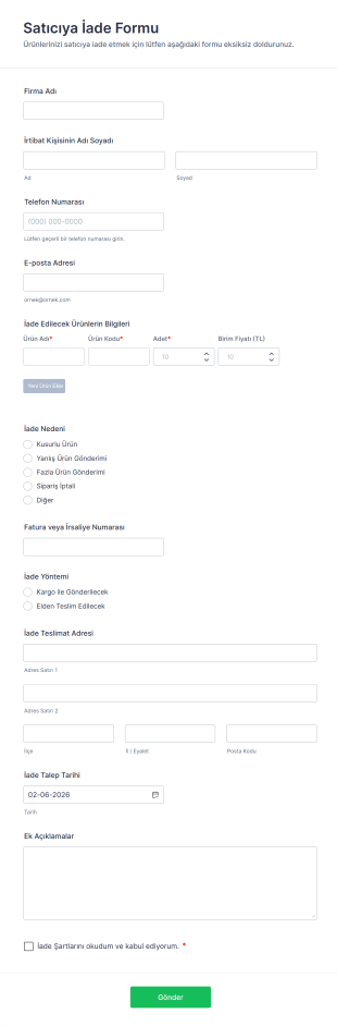 Satıcıya İade Form Şablonu