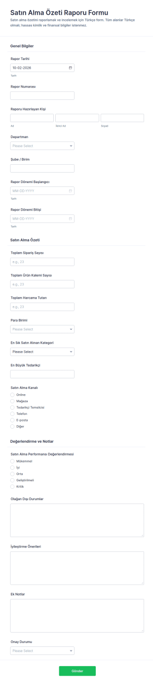 Satın Alma Özeti Raporu Form Şablonu