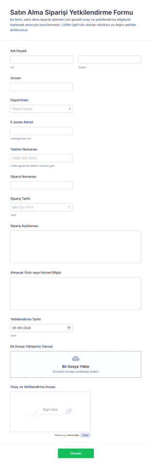 Satın Alma Sipariş Yetkilendirme Form Şablonu