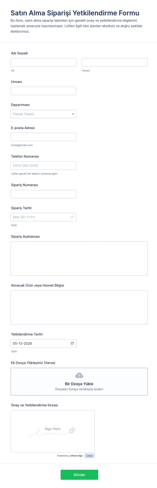 Satın Alma Sipariş Yetkilendirme Form Şablonu