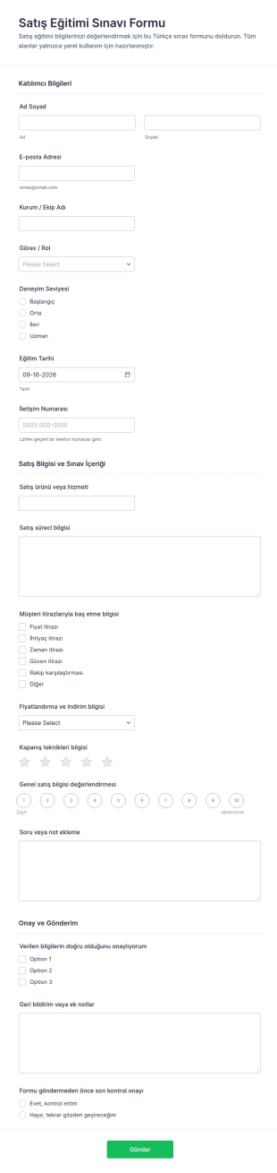 Satış Eğitim Sınavı Form Şablonu