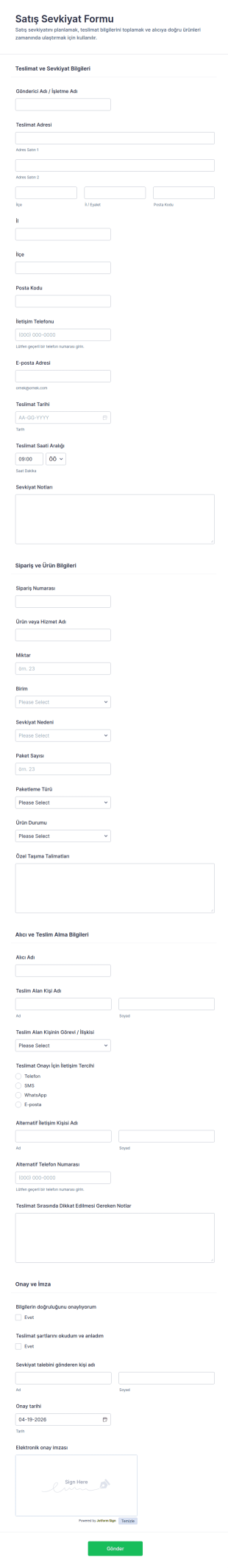 Satış Sevkiyat Form Şablonu