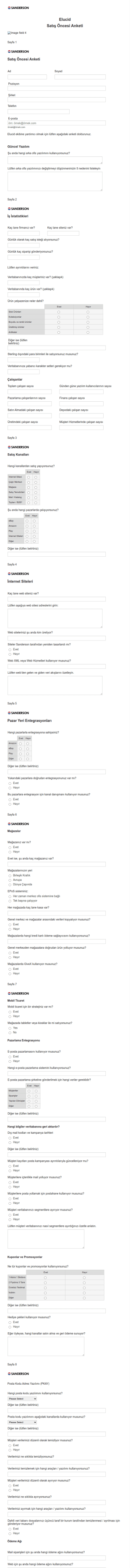 Satış Öncesi Anketi Form Şablonu