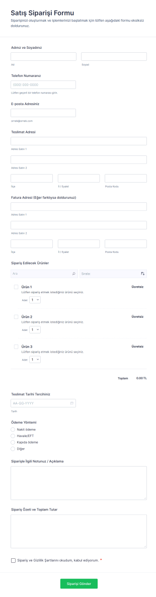 Satış Siparişi Form Şablonu