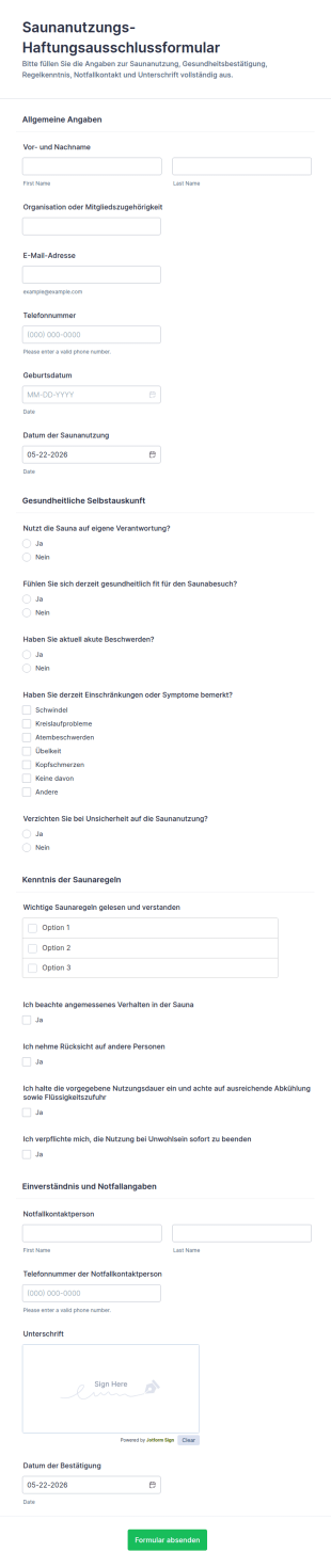 Sauna Nutzungsfreigabeformular