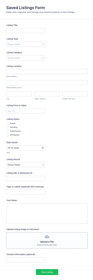Saved Listings Form Template
