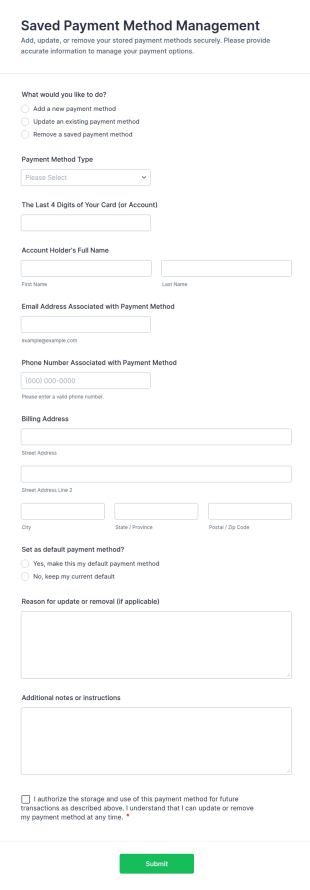 Saved Payment Method Management Form Template