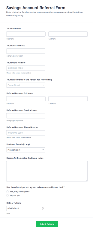 Savings Account Referral Form Template