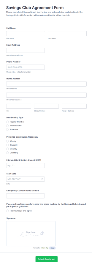Savings Club Agreement Form Template