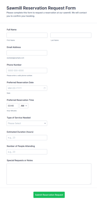 Sawmill Reservation Request Form Template