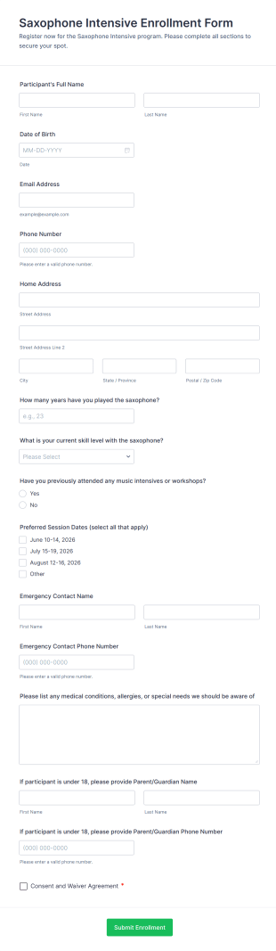 Saxophone Intensive Enrollment Form Template