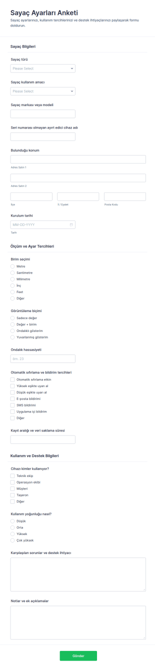 Sayaç Ayarları Anketi Form Şablonu