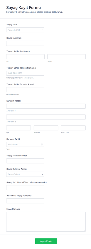 Sayaç Kayıt Form Şablonu