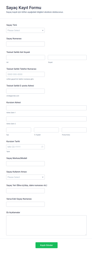 Sayaç Kayıt Form Şablonu
