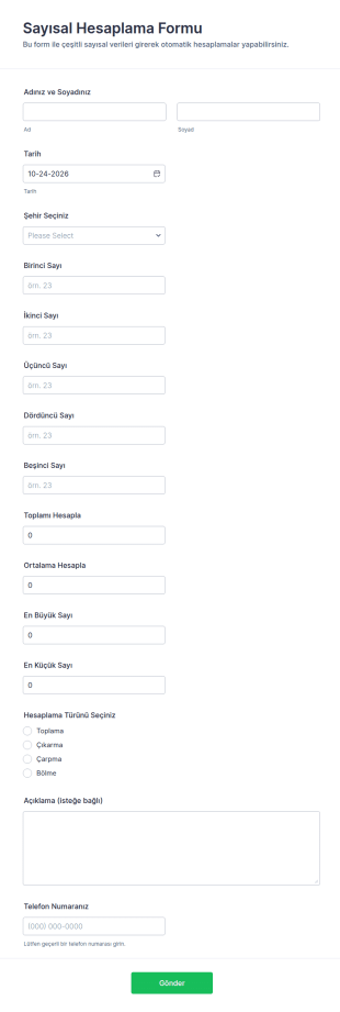 Sayısal Hesaplama Form Şablonu