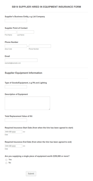 Sb19 Supplier Hired In Equipment Insurance Form Template