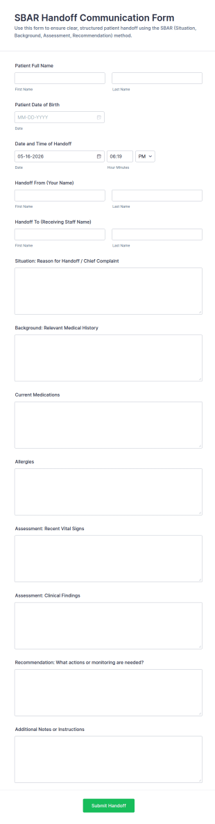 SBAR Handoff Communication Form Template