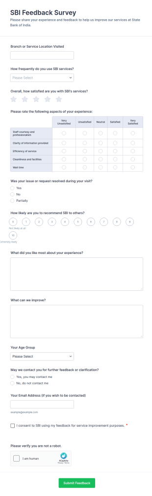SBI Feedback Survey Form Template