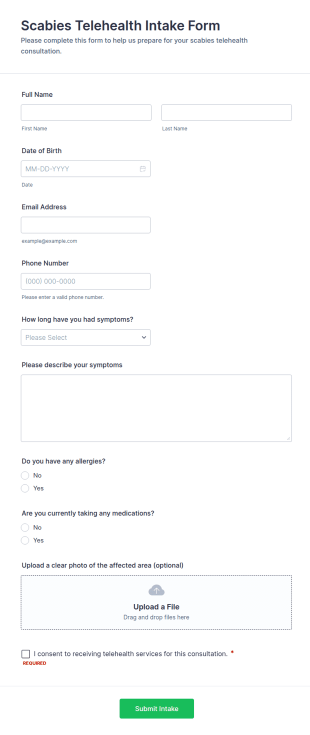 Scabies Telehealth Intake Form Template