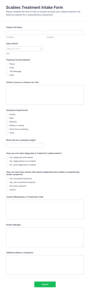 Scabies Treatment Intake Form Template